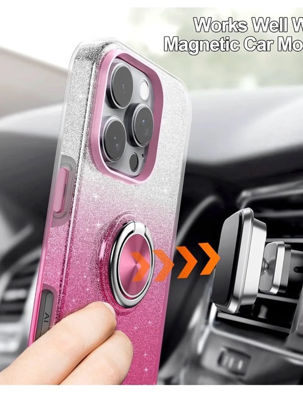 Luxury Glitter Case for iPhone 16 Pro Max Ring Holder Magnet Pink Sparkle Cover